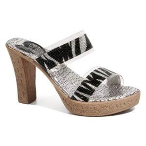 Love & Liberty Women's Sabrina 2 Band Rhinestone Zebra Print Cork Heel Sandals